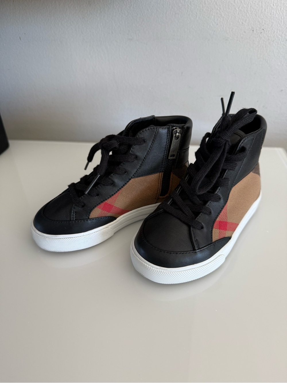 Burberry Black Leather & Tan Check High-Top Kids Sneakers